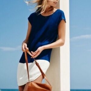 Madewell Dress Women's Large Blue White Colorblock V Back Round Hem Cap‎ Sleeve